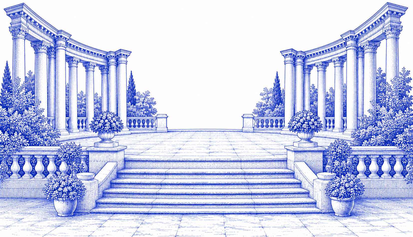 Blue line drawing of a classical courtyard with columns and gardens